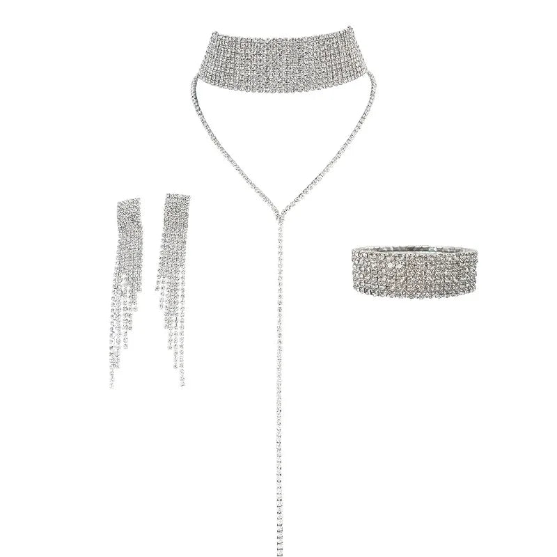 Necklace, earring, bracelet, three piece set for women, fashionable and sexy necklace, tassel earrings, sparkling accessories