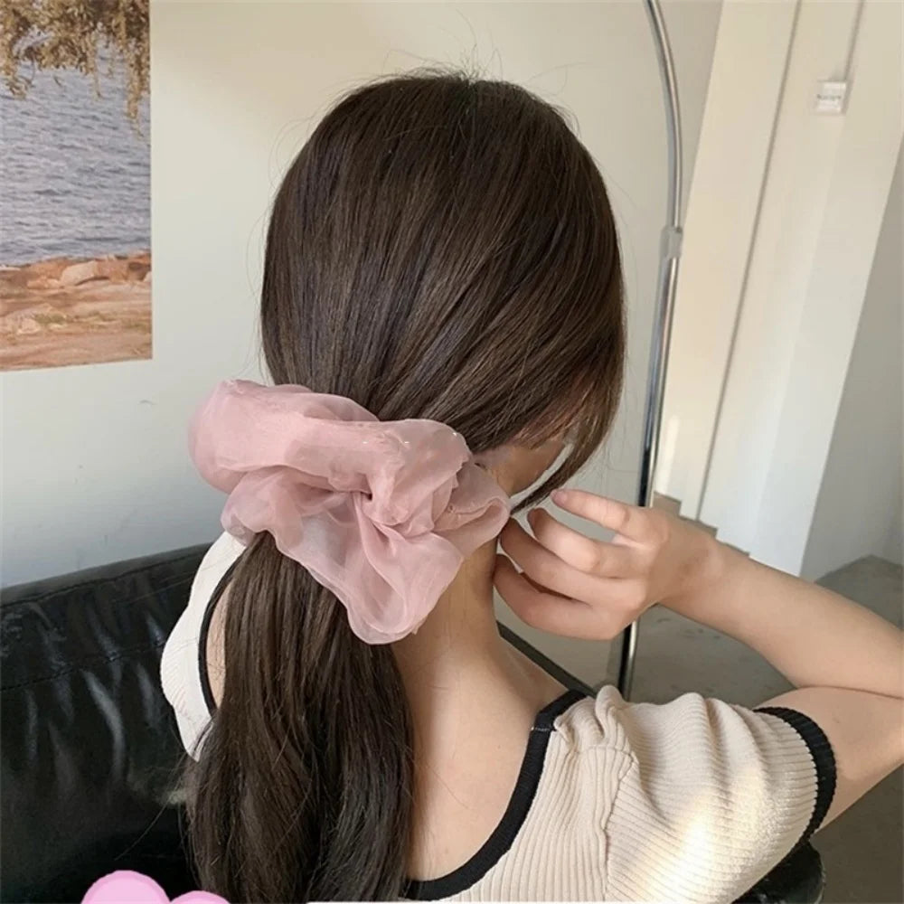 New Woman Large Solid Color Chiffon Scrunchies Elegant Women Mesh Rubber Band Black Beige Pink Ponytail Holders Hair Accessories