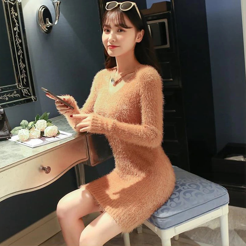 Women's Autumn Winter y2k Dresses Casual Korean Fashion Clothing Slim Mini Sweater Dress White Black Knitted Bodycon Vestidos