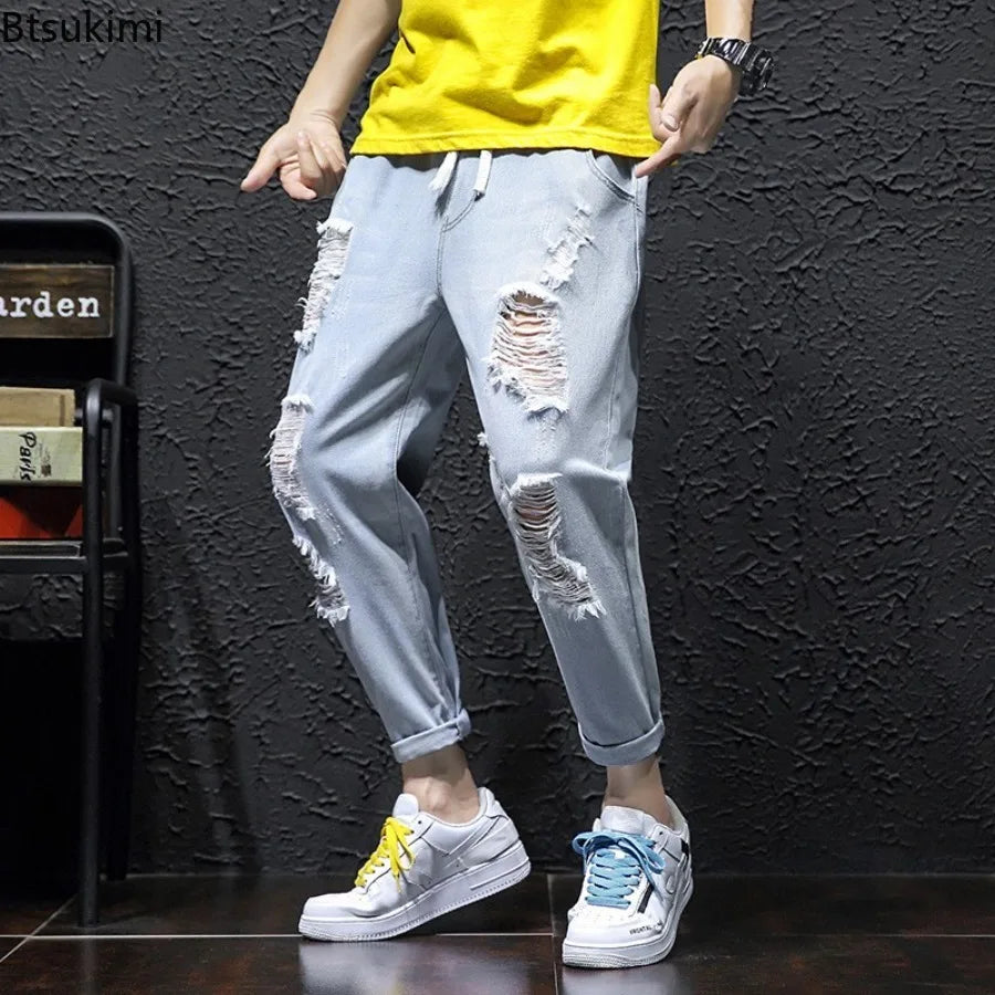 2025 Men's Summer Ripped Jeans Fashion Casual Streetwear Korean Style Baggy Broken Holes Trousers Denim Cropped Pants Oversized