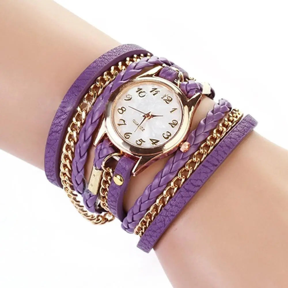 Quartz Wristwatch for Women Vintage Multilayer Faux Leather Alloy Braided Bracelet Wrist Watch Jewelry