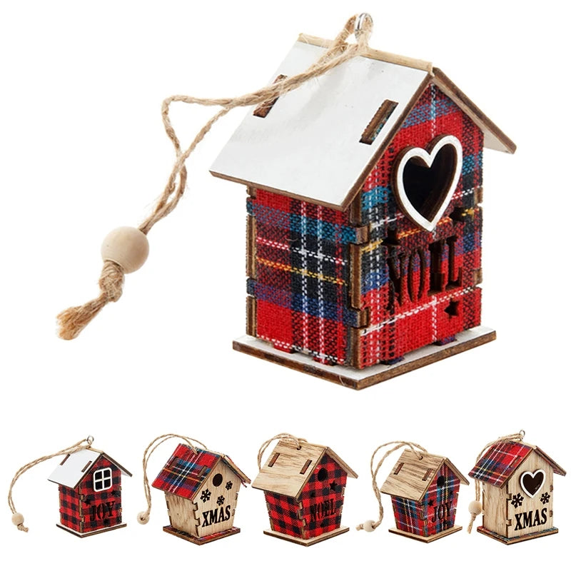 Christmas Hanging Ornament Wooden Cabin Shape Hollow Design Desktop Decor Ornaments Christmas Tree Hanging Decoration