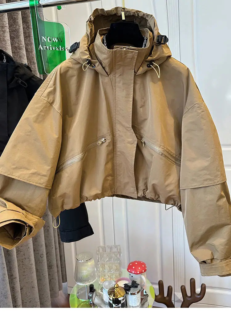 Solid Color Hooded Jacket For Women 2025 Winter New Fashion Windbreaker Short Jacket