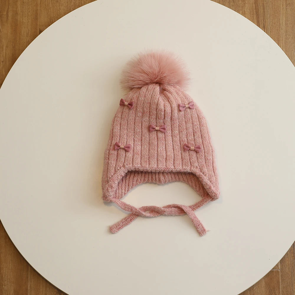 Winter Baby Girls Hat Double-Layer Cute Bows Knitted Hats Ear Protection Warm Beanie Big Pompom Kids Accessories 2-6 Years Old