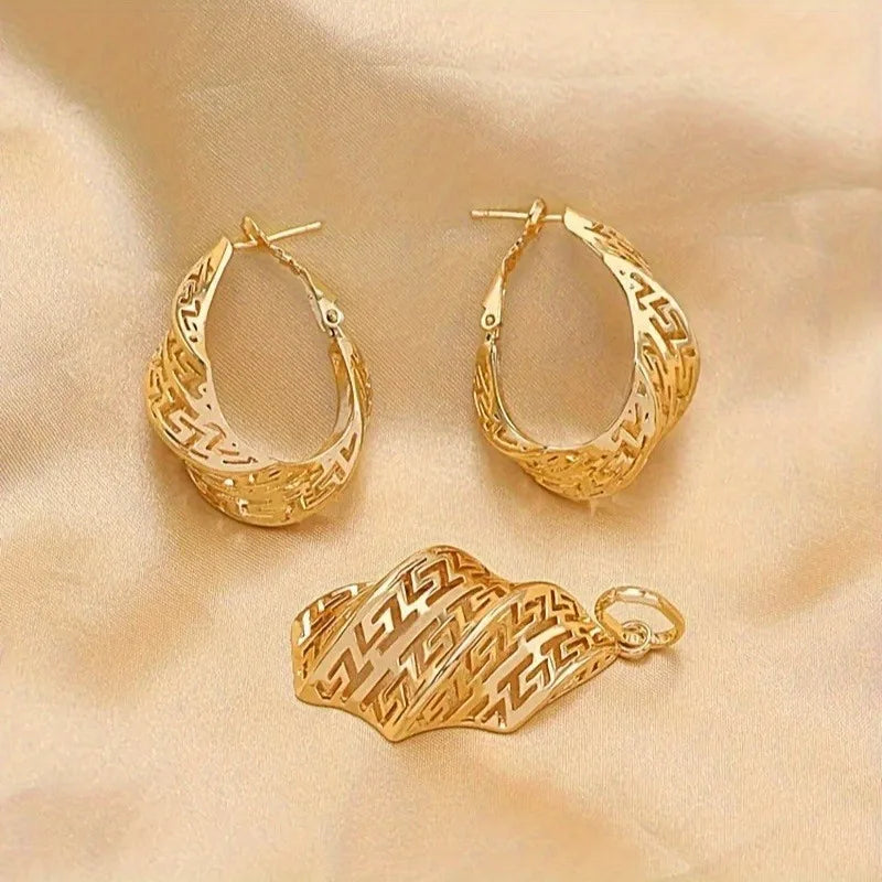 Golden Necklace Jewelry Set for Women Special Hollow Design Pendant Earrings Wedding Anniversary Gifts Jewellry Accessories