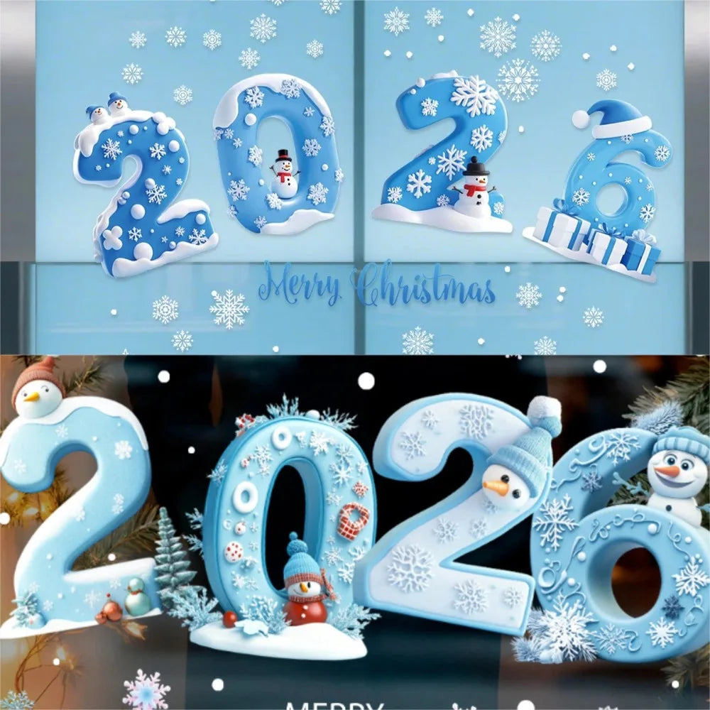 Christmas Glass Stickers Wooden House Pine Nut Sticker Glass Wall Decor Merry Christmas 2025 Stickers Happy New Year 2026