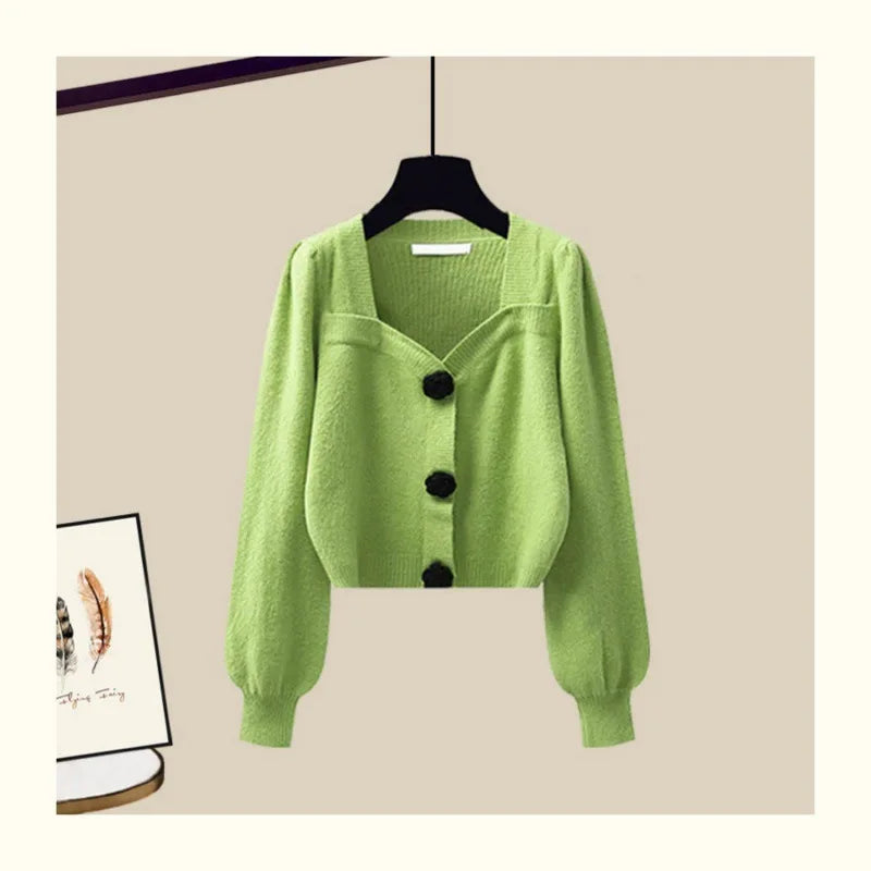 Autumn Winter Knitting Dresses Set Women High Street Slim Long Dress + Cardigan Female Outfits Elegant Sweater Two Piece Suit