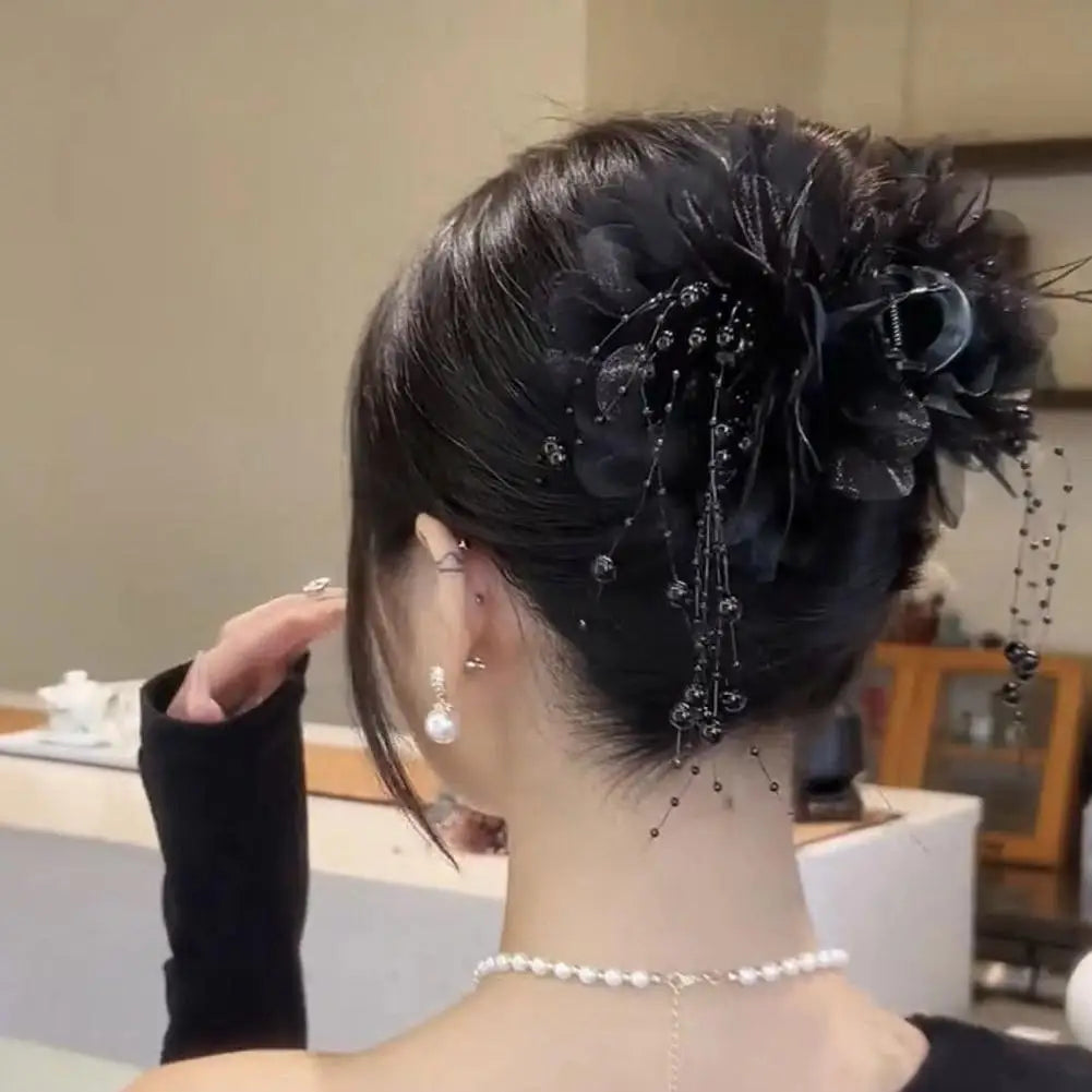 Women Fashion Hair Accessories Girls Flower Hair Claw Pleated Organza Pearls Black Feather Grip Shark Hair Clip Female Headwear