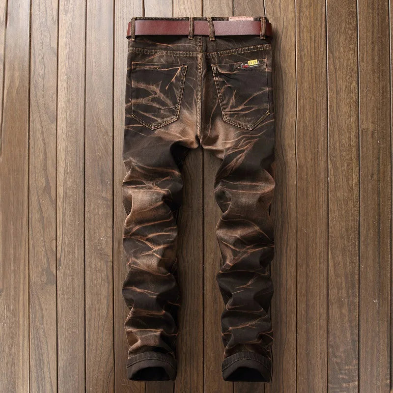 2025 Men's Fashion Vintage Jeans Slim Straight Leg Tie Dye Pleated Biker Denim Pants Male Casual Pants Oversized 42 High Quality