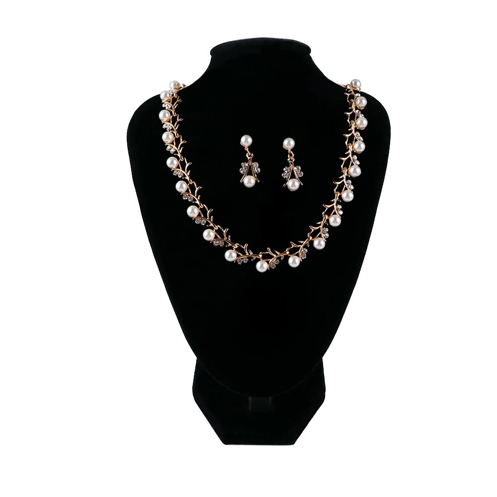 Day Gift Bridal Leaf Clavicle Chain Rhinestone Collar Choker Crystal Necklace Earrings Bracelet Set Wedding Jewelry Pearl