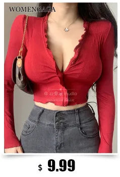 WOMENGAGA Korea Sexy V-neck High Waist Large Chest Tight Thin Knit Short Sleeve T-shirt Women's Hot Sexy Korean Women Tees 5INW