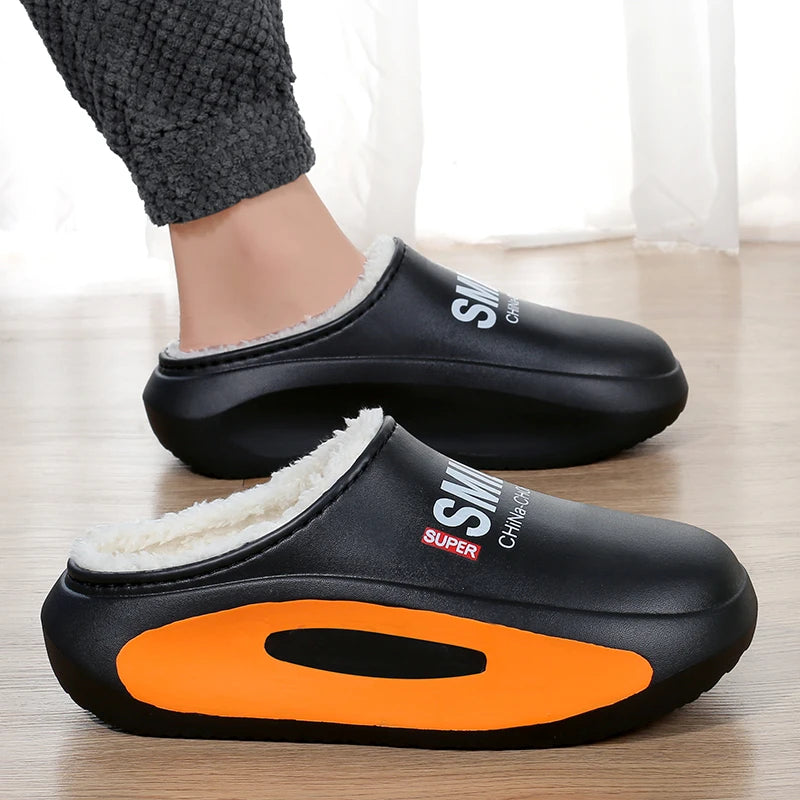 Winter Men Warm Slippers Cotton Slippers Outdoor Indoor Warm Shoes Waterproof Men Couple Comfortable Home Bedroom Plush Slippers