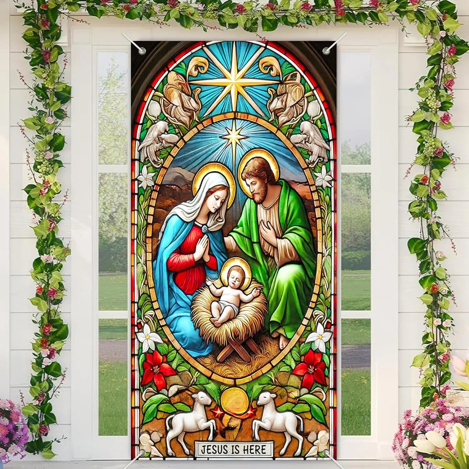 Christmas door banner, winter festival Nativity scene decoration, home decoration, festival front door hanging, party background