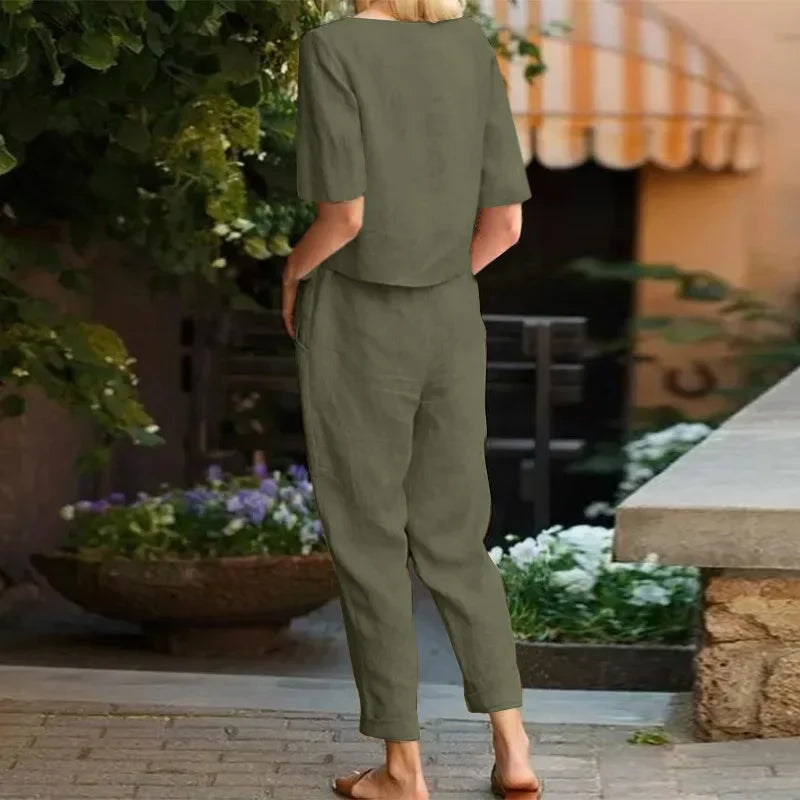 Women's Cotton Linen Suit Summer Matching Suit Half-sleeved Round Neck Tie Elastic Waist Trousers Wide-leg Pants Retro Suit