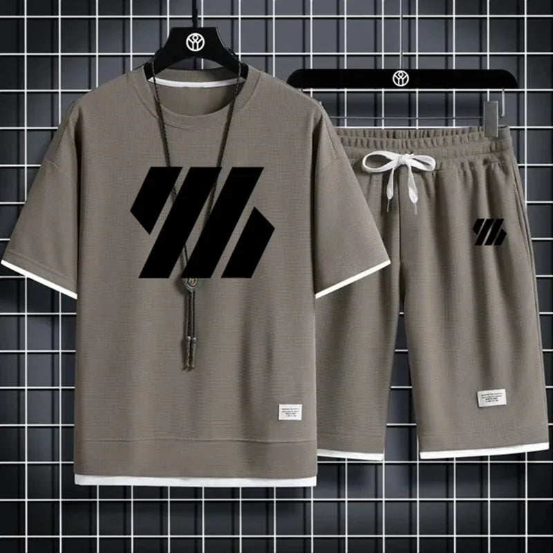 Mens Sports Suit Fashion Short Sleeve Tracksuit Men Suits Summer Men's Two Piece Set Linen Fabric Casual T-Shirt and Shorts Set