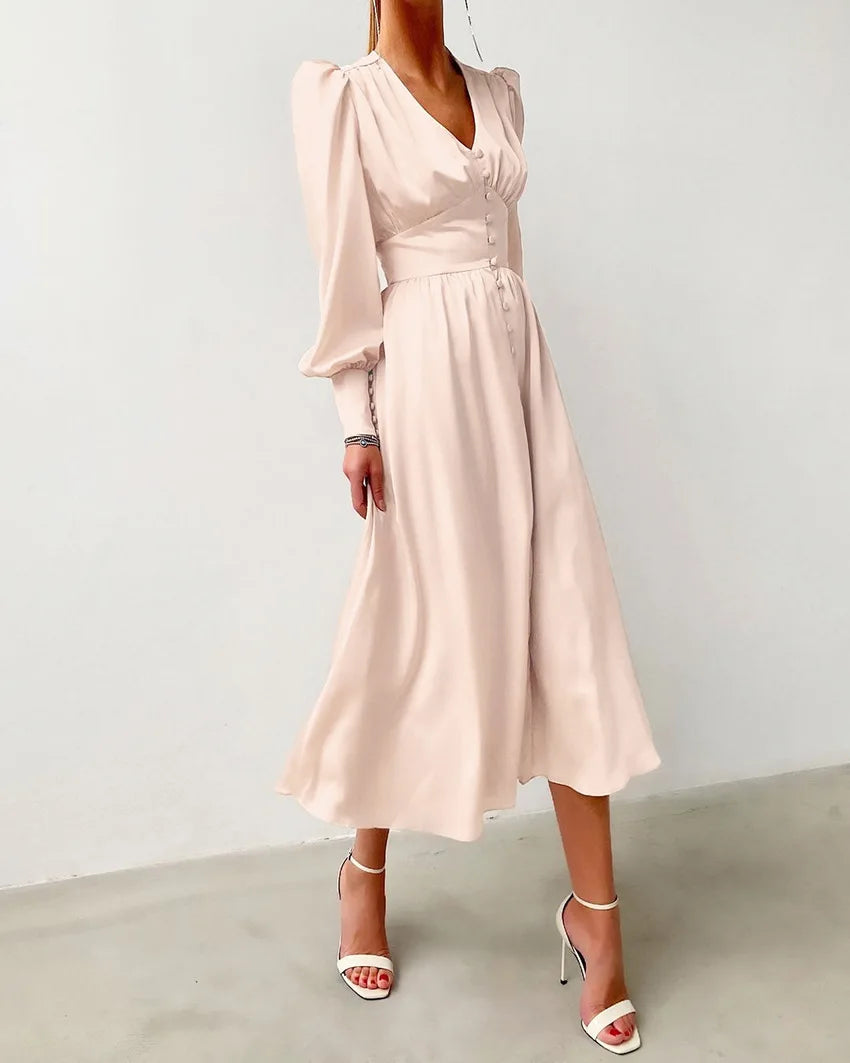 Autumn and Winter Women's Long Dress V-neck Satin Waist Retro Dresses for Women