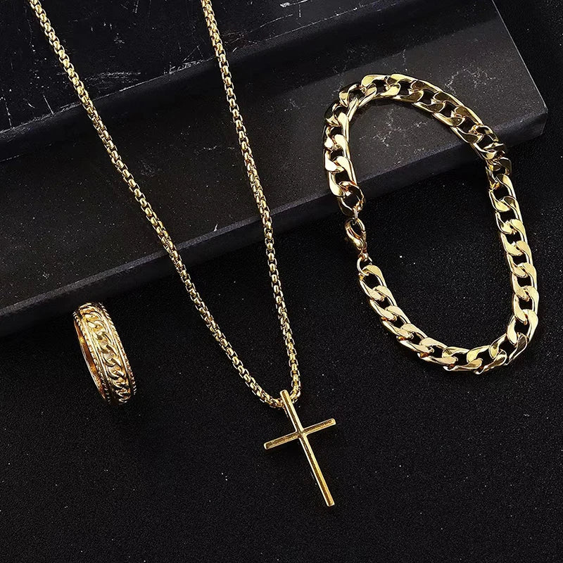 Men's Set Simple Personality Hip Hop Party Jewelry Accessories 3Pcs Punk Cross Pendant Necklace Bracelet Chain Ring