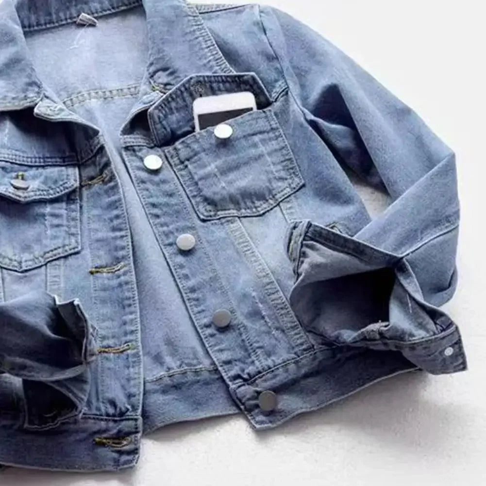 Women Denim Jacket Single-breasted Chest Flap Pocket Jacket Long Sleeve Slim Short Coat Retro Ladies Denim Jackets Outerwear