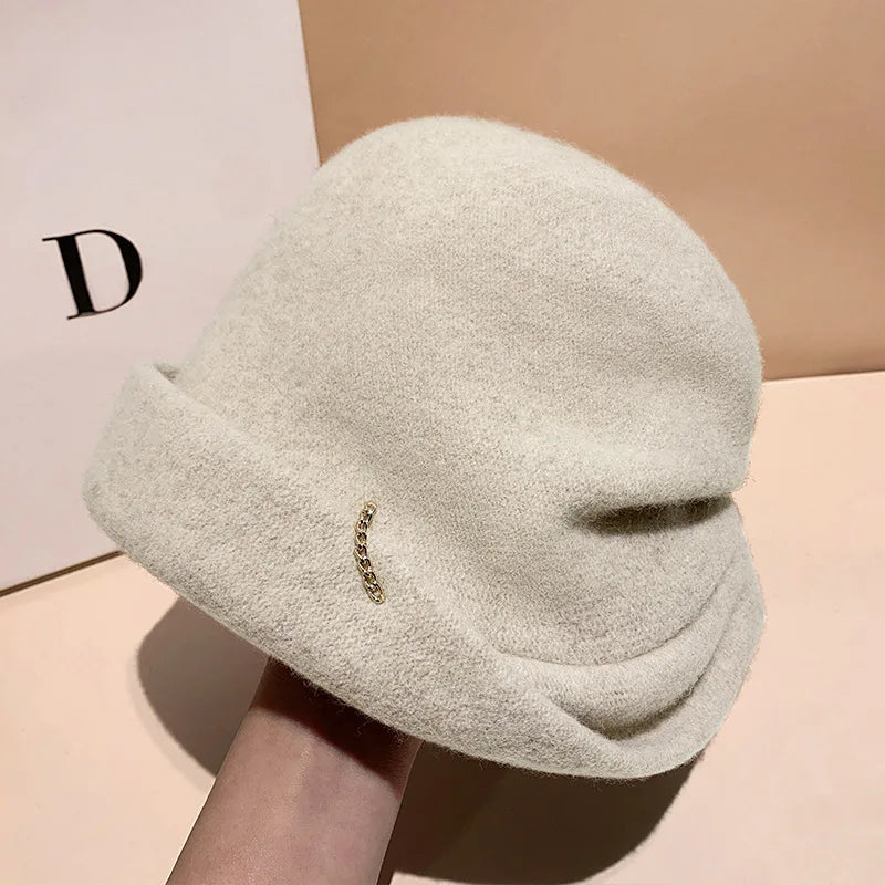 Winter Hat for Women Soft Warm Wool Cap Adjustable Ladies Beanie Cloche Bucket Hat Crushable Ski Hat Upturn Brim Church Hat
