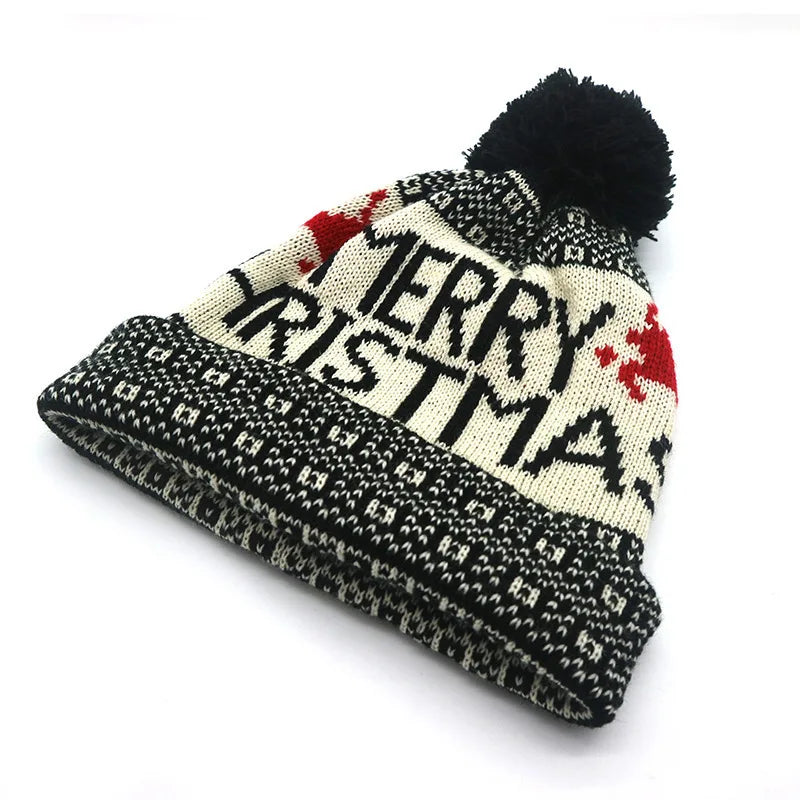 Winter Fashion Christmas Hat Santa Claus Hairball Hat Jacquard Knitted Christmas Hat Warm Ear Protector Wool Hat