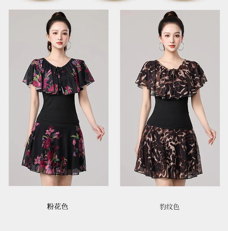 Women Samba Latin Dance Practice Suit Summer New Net Yarn Printed Modern Dance Performance Costume Square Modern Evening Dresses