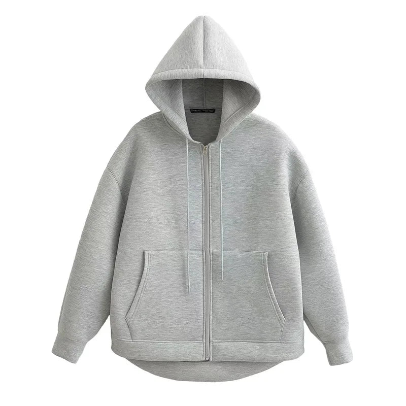 2025 Women Gray Jacket With Hood Long Sleeve Big Pocket Zipper Jacket Coat Woman Loose Casual Outerwear Coat Tops