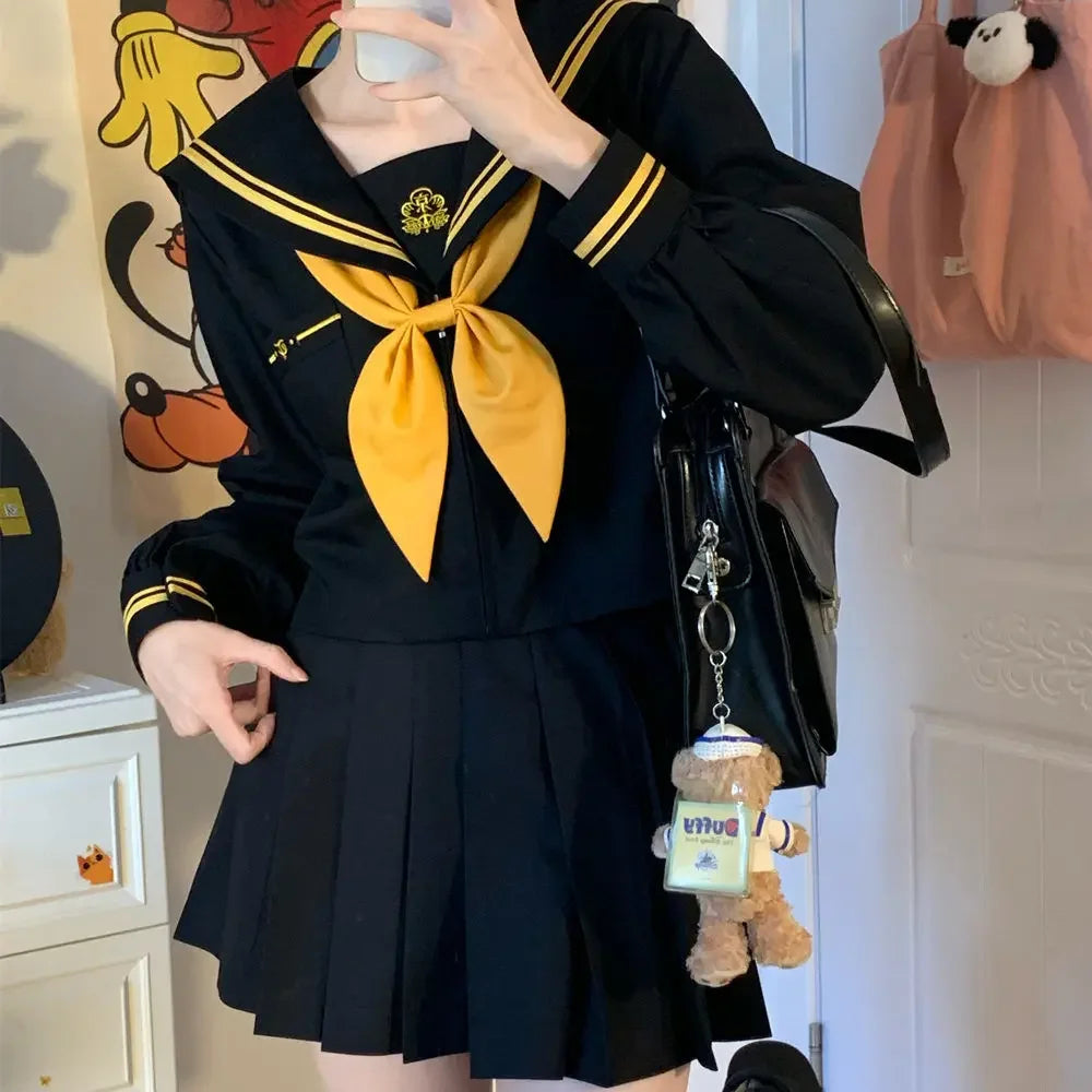 Japanese School Uniform Girls Plus Size Jk Suit Role Play High School Yellow Tie Black Basic Sailor Suit Female Long Sleeve Suit