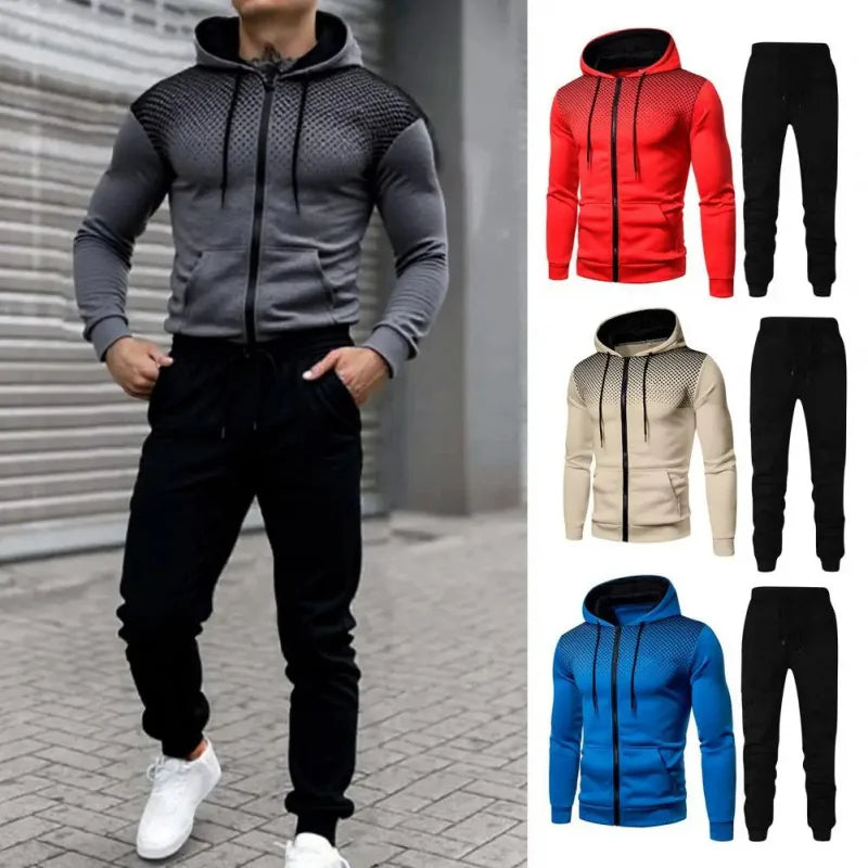 Men's Fashion Print Tracksuit  Zipper Hooded Sweatshirt & Sweatpants Casual Fitness Jogging Sports Two-Piece Suit