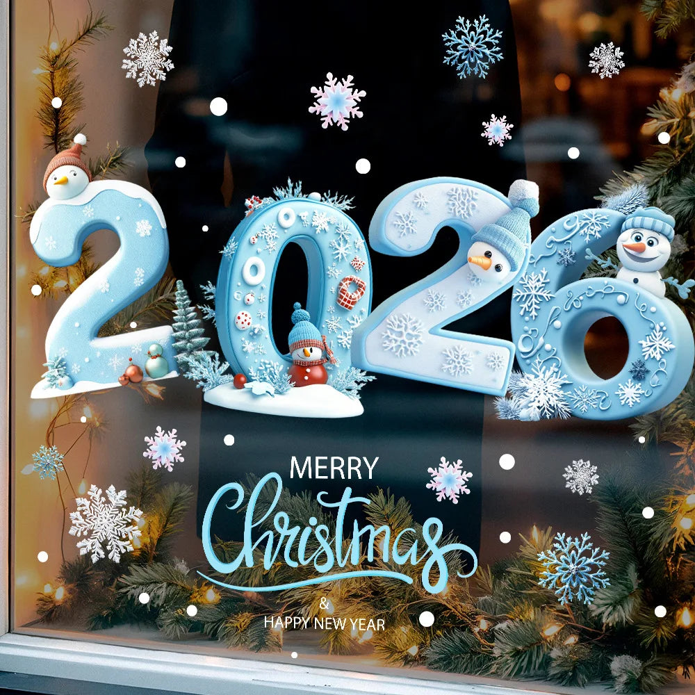 Christmas Glass Stickers Wooden House Pine Nut Sticker Glass Wall Decor Merry Christmas 2025 Stickers Happy New Year 2026