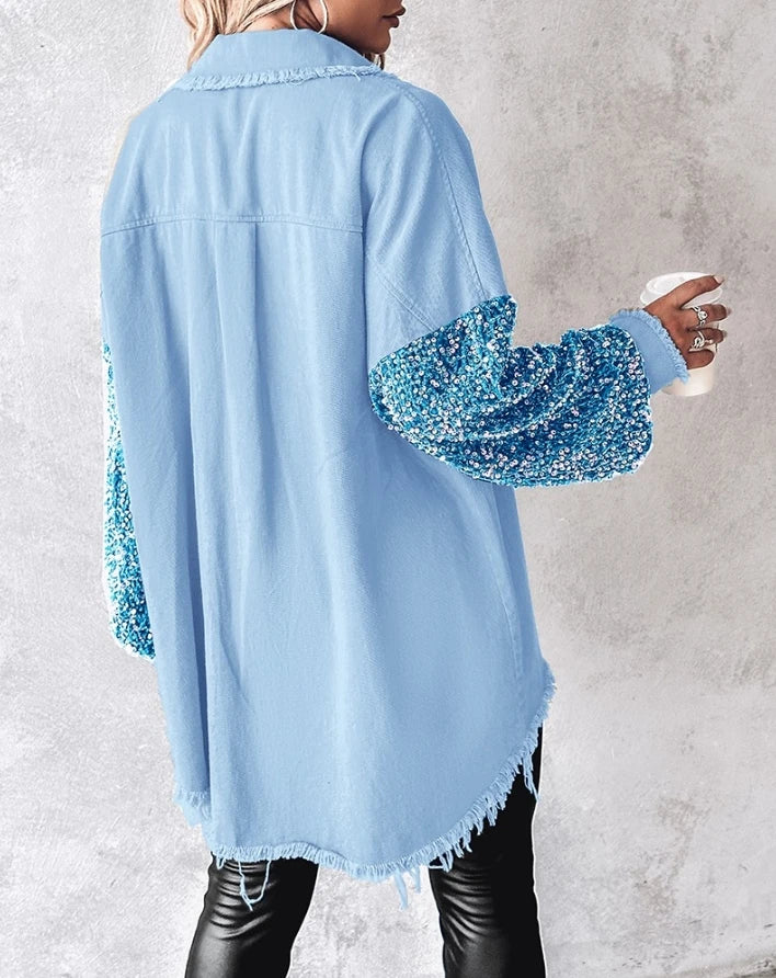 Women Jacket 2024 Spring Fashion Contrast Sequin Raw Hem Pocket Casual Turn-Down Collar Long Sleeve Daily Long Shacket