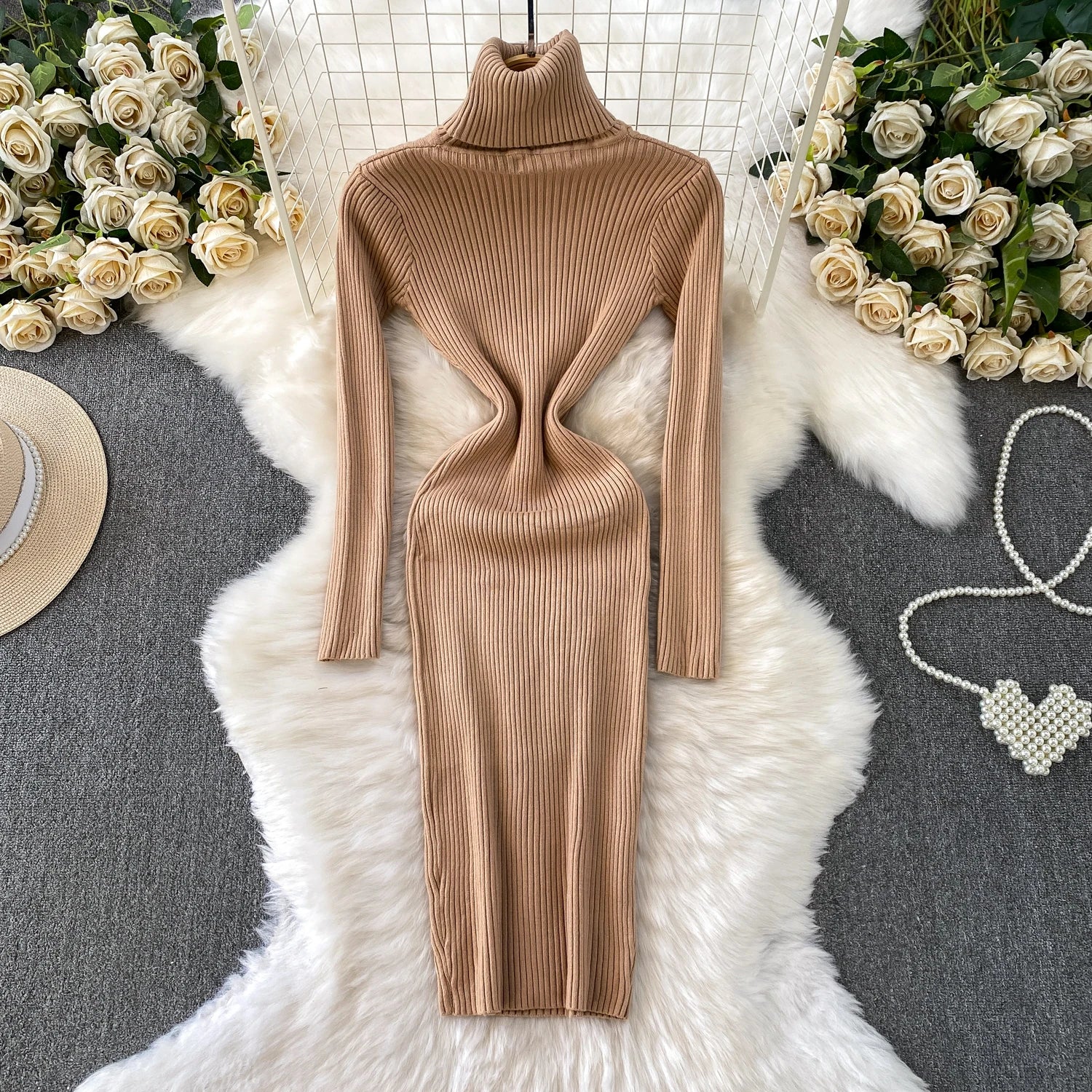Women Winter Turtleneck Knittign Dress Stretch Slim Long Sleeve Soft Knitwear Dresses Female Casual Lining Simple Bottom Vestido