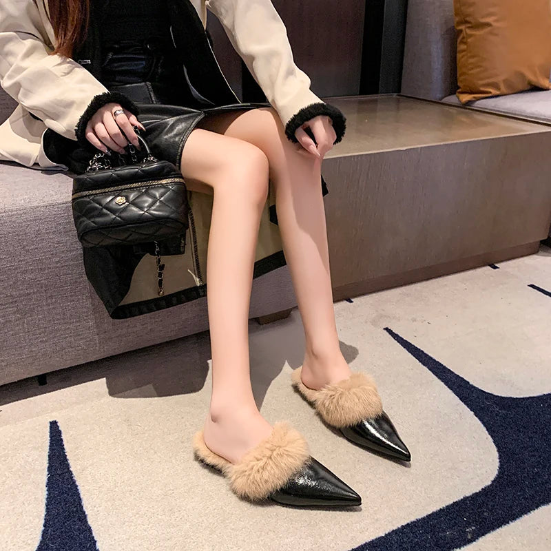 2025 New Shoes for Women House Slippers Platform Fur Flip Flops Slides Loafers Cover Toe Low Plush New Flat Basic Женская Обувь