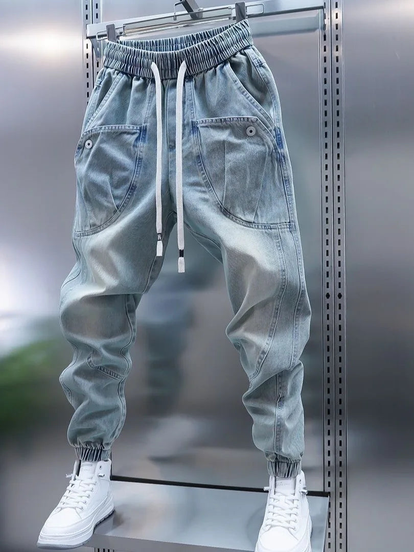 Waed Denim Jeans Men's Spring Autumn Large ket Harlan Casual Pants Blue Trendy Trousers Straight Leg Loose Fit Jeans