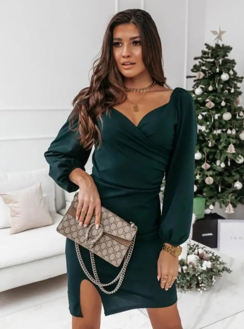 Women's Fashion  Autumn and Winter Solid Color Slim Fit  Dress Ladies  Commuter V-neck Cross Long Sleeve Pullover Dress