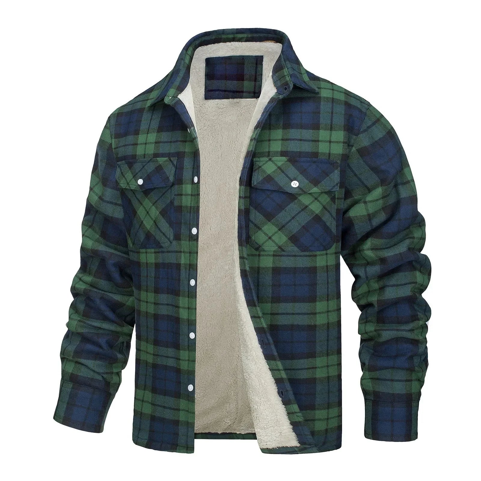 Men Fall Winter Jacket Plaid Print Lapel Soft Plush Long Sleeve Single-Breasted Loose Thickened Casual Mid Length Men Coat