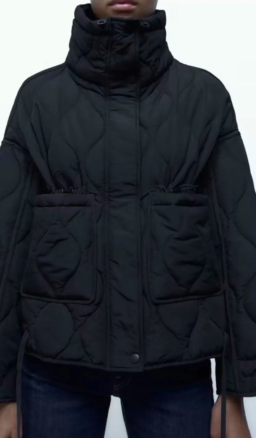 Quilted coat for women ETJ 2024traf QUILTED JACKET WITH TIES new beige drawstring high neck pocket clip cotton jacket for women