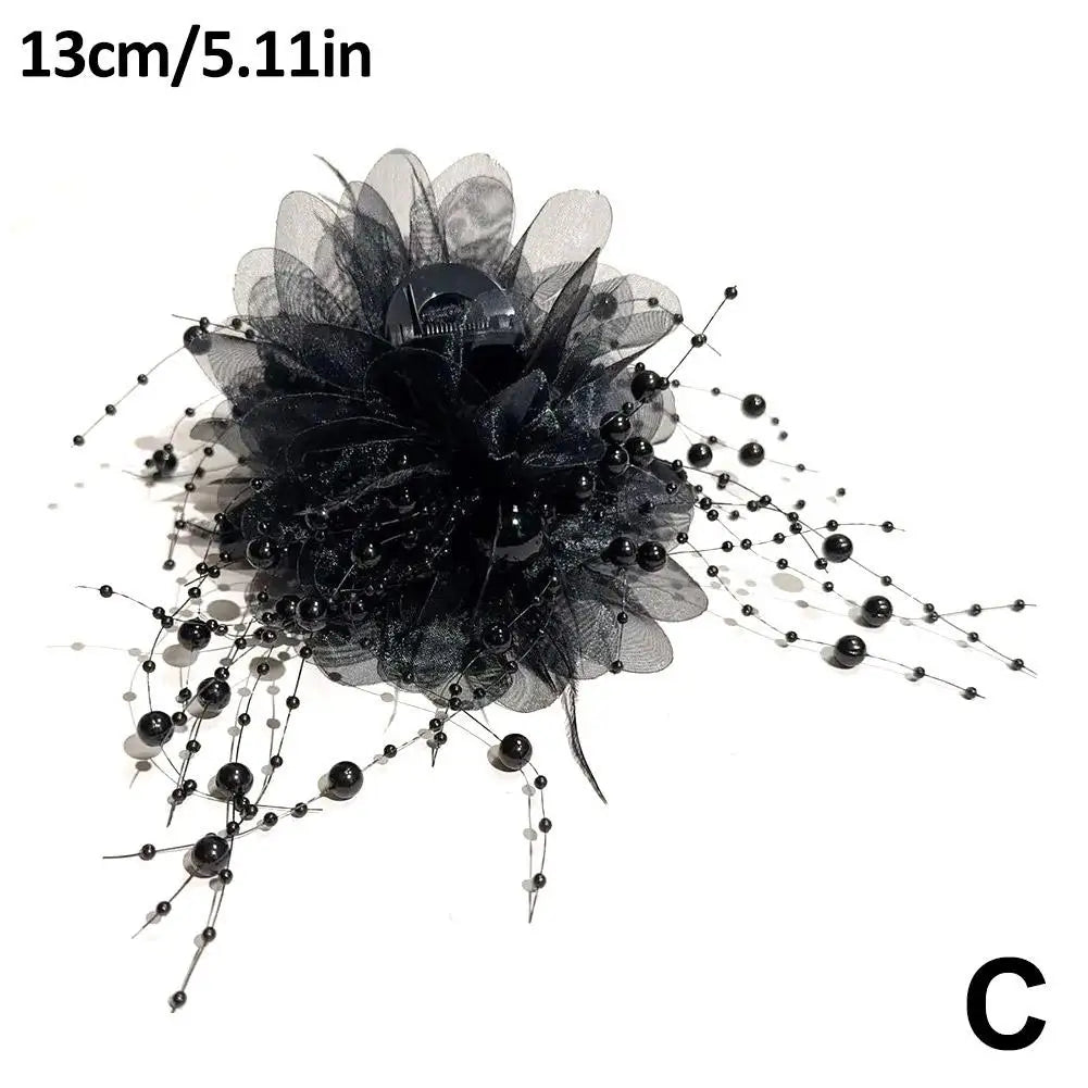 Women Fashion Hair Accessories Girls Flower Hair Claw Pleated Organza Pearls Black Feather Grip Shark Hair Clip Female Headwear