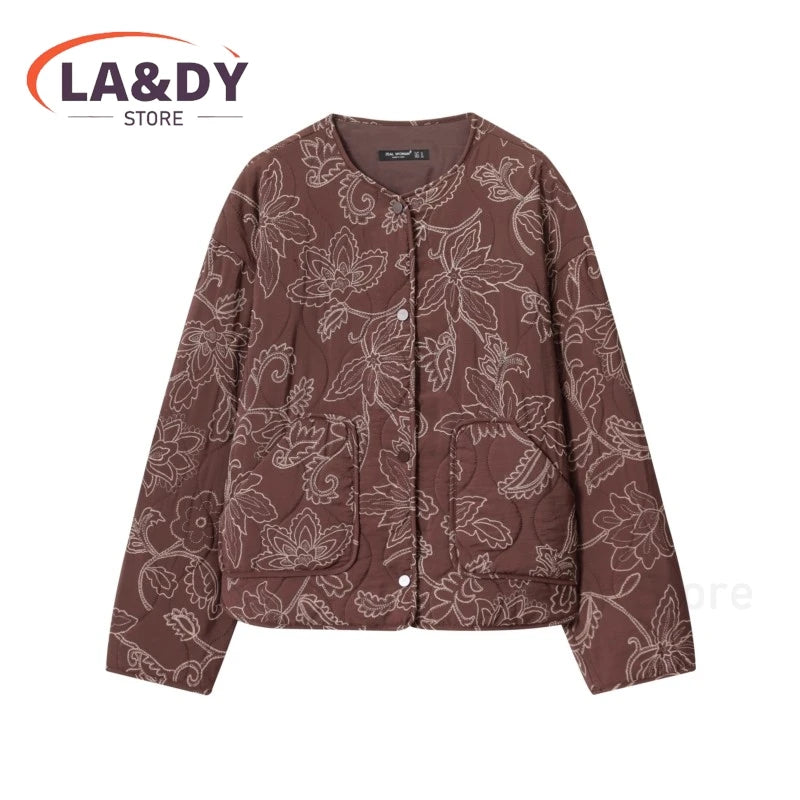 Jacket Coat Women 2025 Autumn Fashion Vintage Chic Print O-Neck Buttons Oockets Casual Loose Outwear Ladies