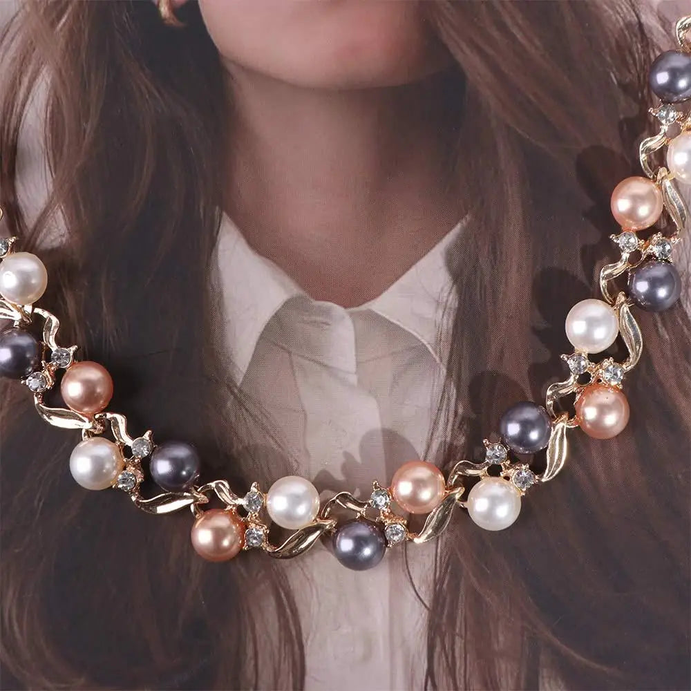 Exquisite Elegant Pearl Necklace Rhinestone Metal Colorful Pearl Necklace Dangle Earrings Leaf Necklace Earrings Set Gift