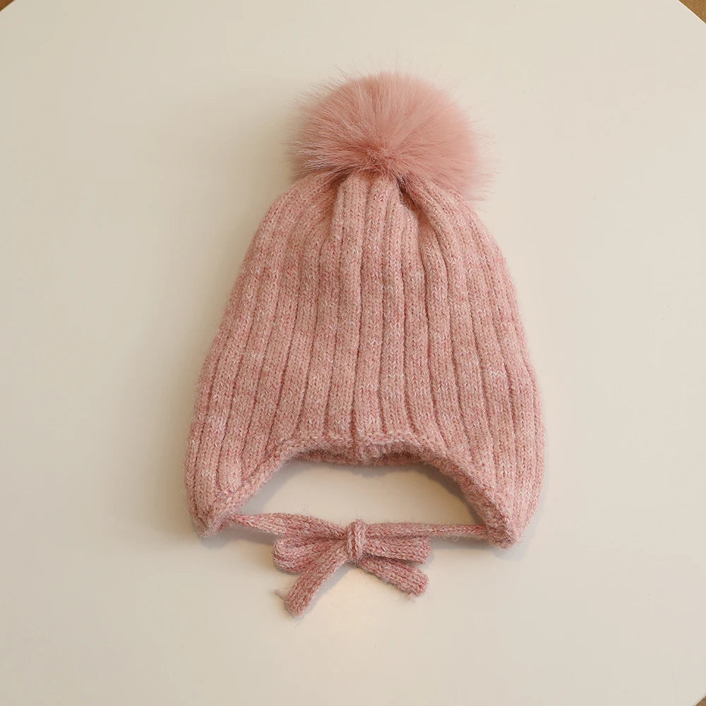 Winter Baby Girls Hat Double-Layer Cute Bows Knitted Hats Ear Protection Warm Beanie Big Pompom Kids Accessories 2-6 Years Old