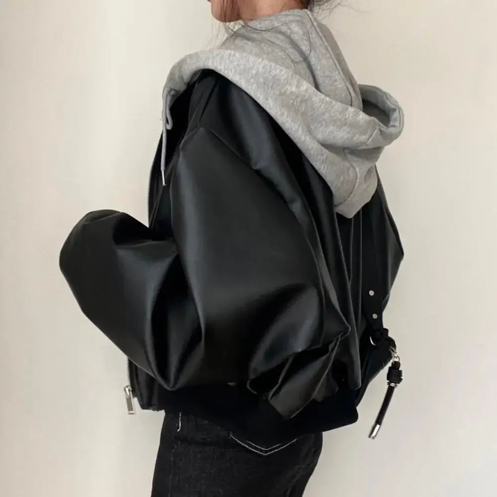 Spring Autumn Women Hooded Jacket Faux Leather Ladies Jacket Fashion Two Piece Short Jackets Female Vintage Casual PU Coat 2025