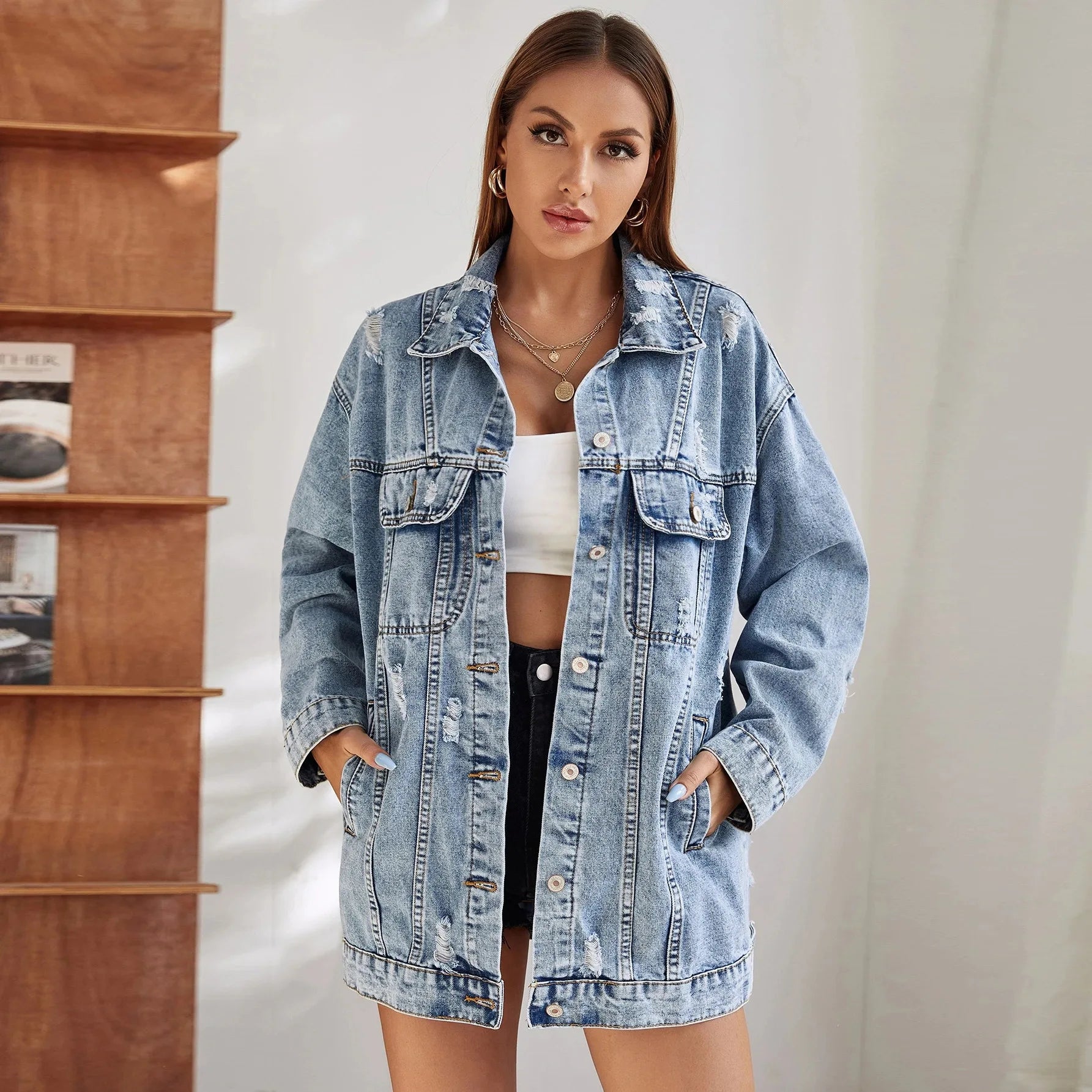 New Denim Jacket for Women Ripped and Distressed Large Size Loose Mid-length Denim Jacket Winter Clothes Women