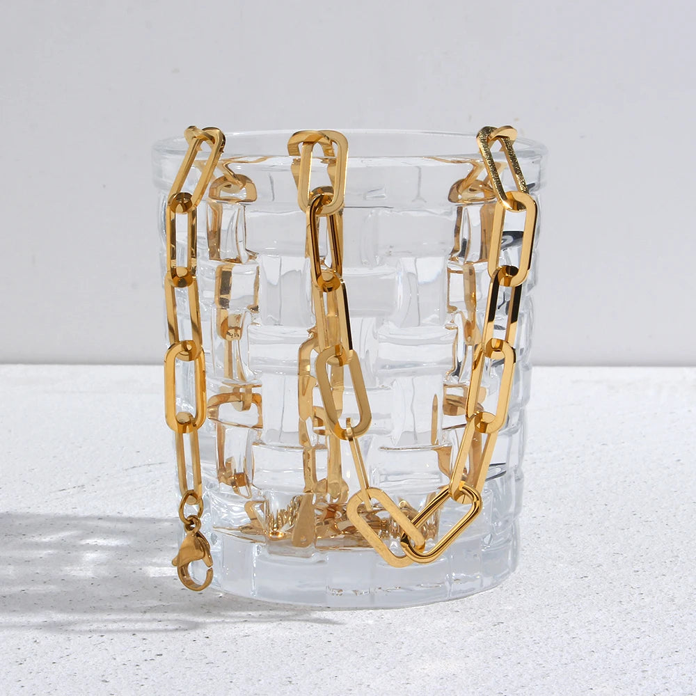 E.B.belle Chunky Paper Clip Chain Necklace Bracelet Jewerly Set Ladies New 18K Gold Plated Stainless Steel Chain Necklace