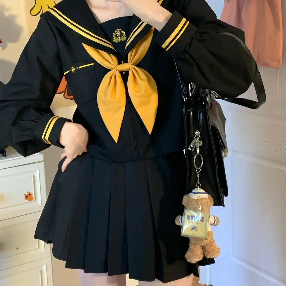 Japanese School Uniform Girls Plus Size Jk Suit Role Play High School Yellow Tie Black Basic Sailor Suit Female Long Sleeve Suit
