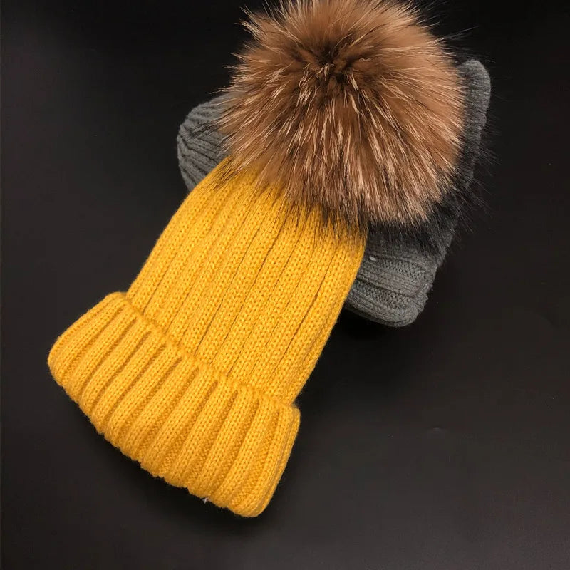 Winter Brand Female Fur Pom Poms hat Winter Hat For Women Girl 's Hat Knitted Beanies Cap Hat Thick Women Skullies Beanies