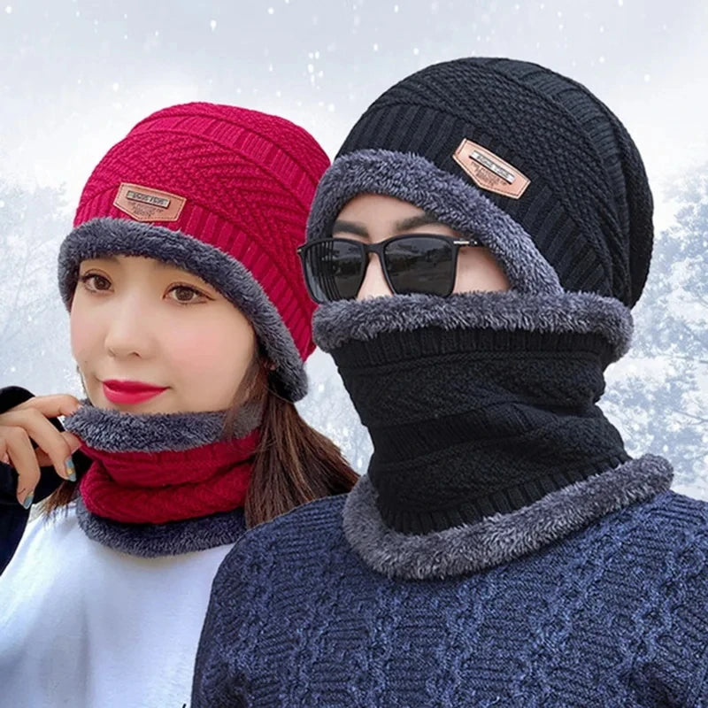 Winter Hat For Men Fleece Scarf Women Neck Leather Knitted Cap Thick Wool Neck Warmer Balaclava Ski Mask Skullies Beanies