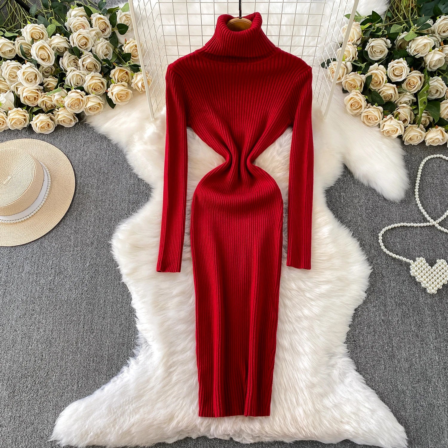 Women Winter Turtleneck Knittign Dress Stretch Slim Long Sleeve Soft Knitwear Dresses Female Casual Lining Simple Bottom Vestido