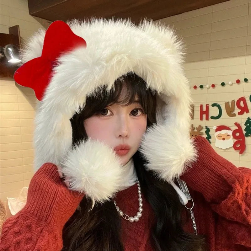 Korean Autumn Winter Cute White Cat Red Bow Plush Hat Girls Fashion Warm Hats Anti-freeze Ear Caps Outdoor for Women Gifts