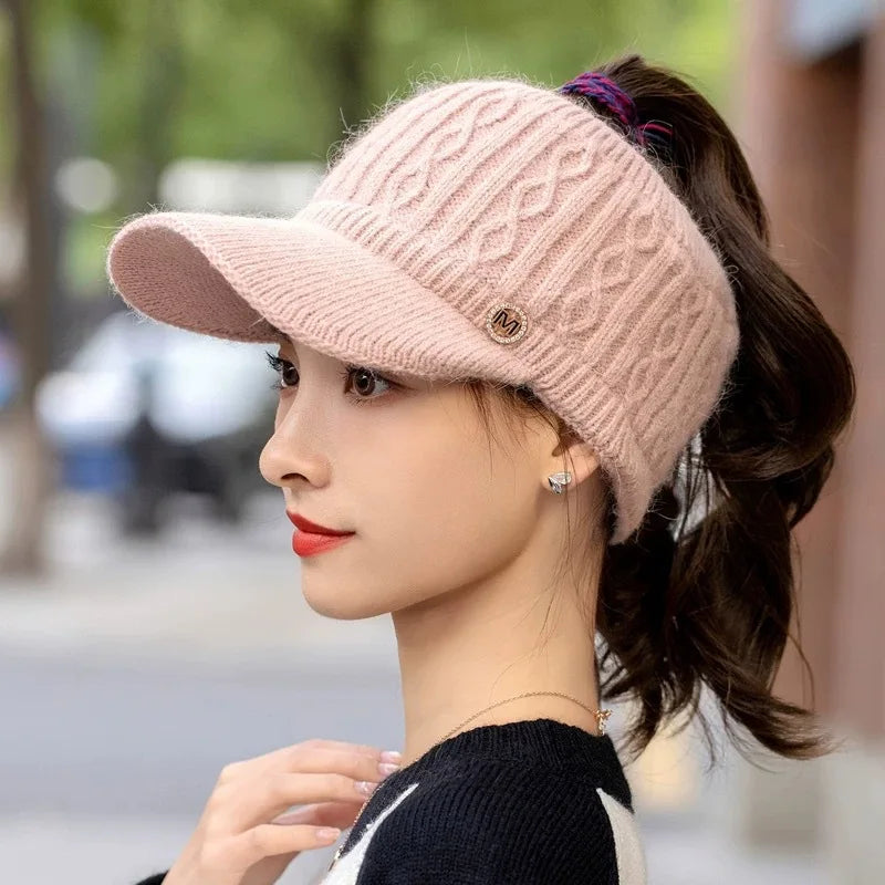Winter Warm Headband Hat With Brim Thick Knit Cap Ponytail Hole Ponytail Opening Ear Covers Fashion Fashion Knit Hat Accessories