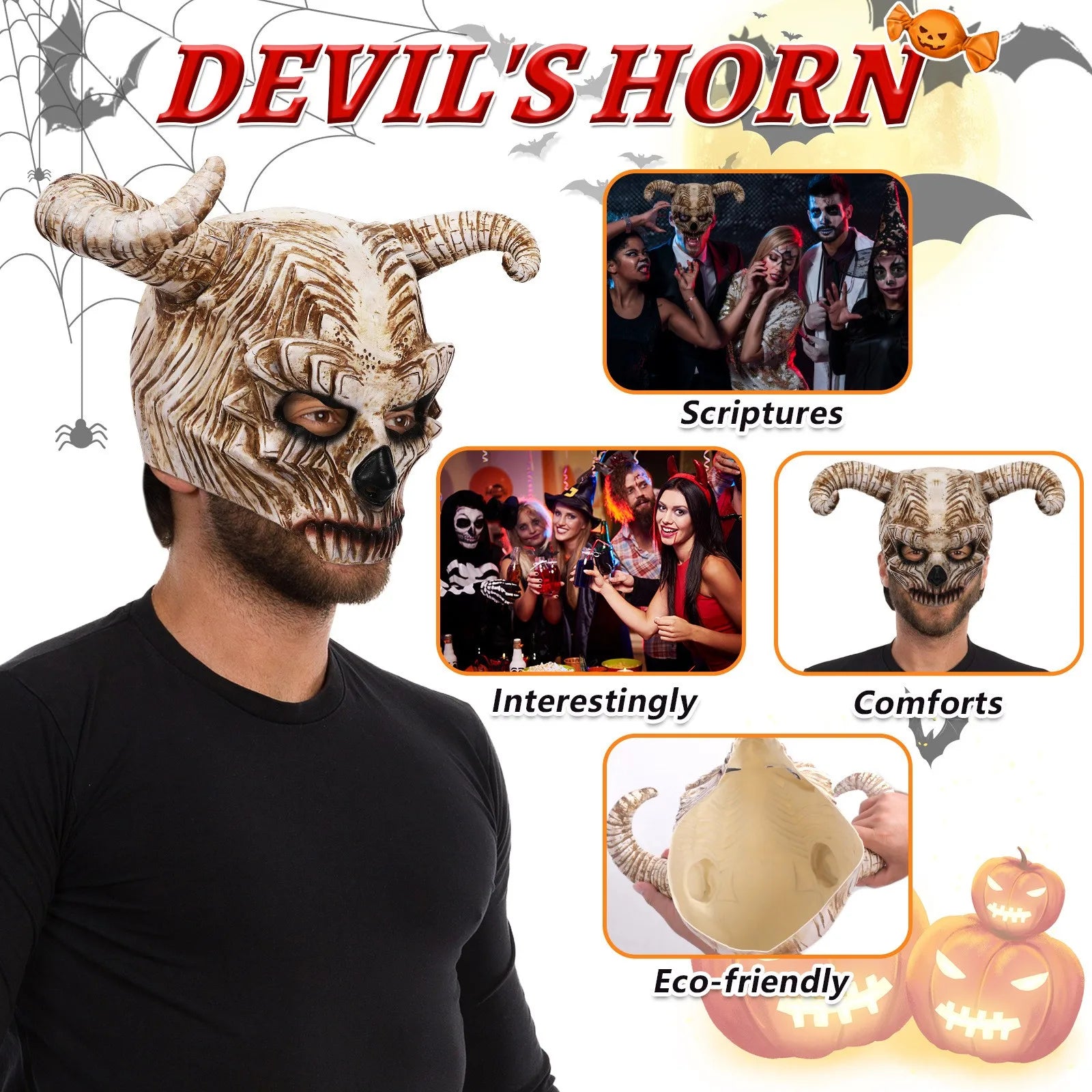 Halloween Devil Skull Half Face Bull Horn Mask Carnival Party Makeup Ball Horror Dress Up Cosplay Latex Mask Mascaras Halloween